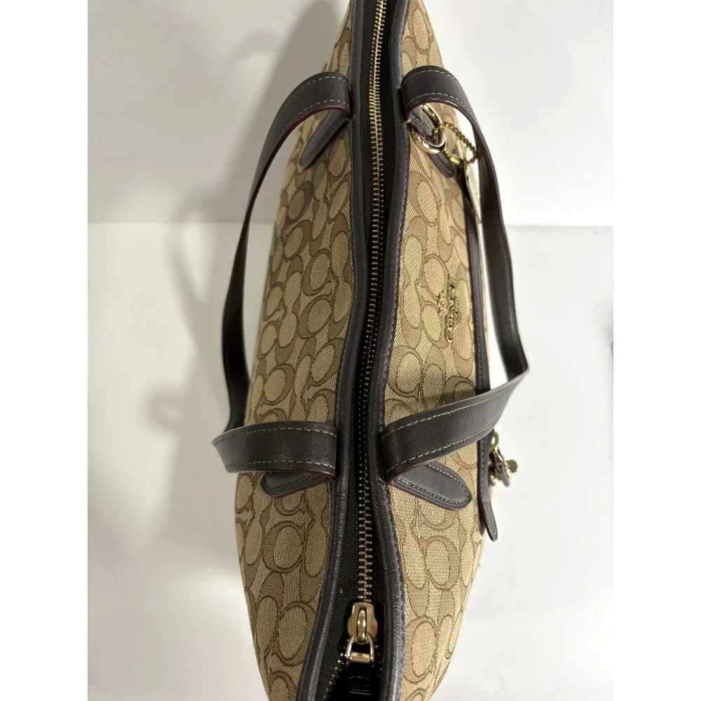 COACH Signature Taylor Tote Khaki Fabric Brown Leather Trim Shoulder Bag Purse